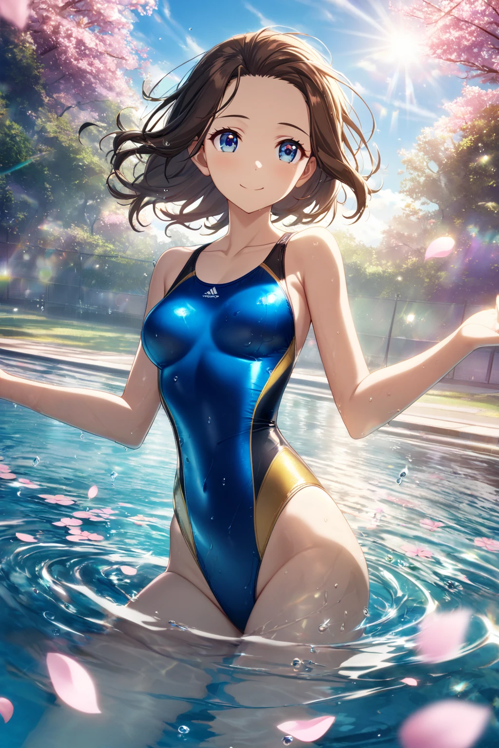 masterpiece, best quality, 1girl,you watanabe,, brown, short hair , blue eyes, Woman standing alone in a lake, one piece swimsuit, , shot from behind,, white light background, shot from behind, small breast, short hair , standing