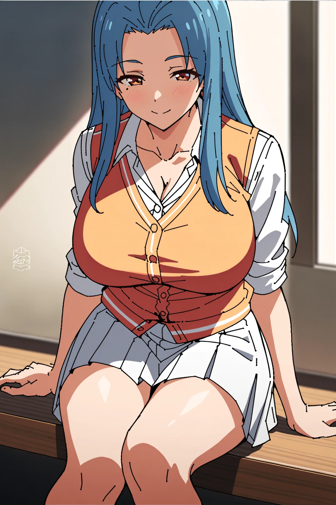 High school anime girl sitting on an armchair bench holding her breasts