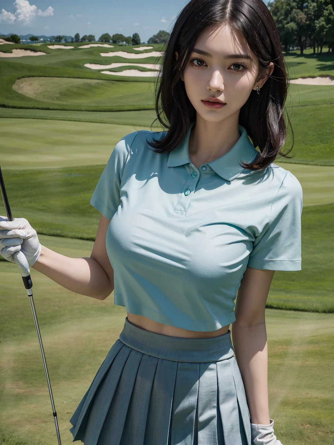 absurdres, RAW photo, extremely delicate and beautiful, masterpiece, Best Quality, ultra high resolution, 32k, hyperrealistic, ultra-detailed, perfect anatomy, perfect figure, super Detailed skin, 20 years old, very Slim body, narrow waist, very small head, very small face, delicate facial features, tearful mole, earring, thin legs, bare legs, ((very huge round breasts)), short medium hair, ((wavy hair)), wet clothes, (((3 girls))), (((golf uniform))), shorts,