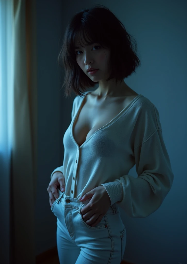 (Masterpiece),  ((Top Quality)),  ((8K Wallpaper)),  ((Ultra High Resolution)),  Good Composition,  (Ultra Detail),  Beautiful Art,  Artistic,  Realistic,  Beautiful,  Good Art,  Landscape,  Movie scene,  shiny skin,  detailed skin,  fine skin,  (beautiful hair),  (beautiful eyes),  (perfect anatomy),  (realistic),  five-fingered delicate hand,  shot on canon,  film grain,  small breasts,  shot by Christopher Nolan,  hard shadow,  masterpiece,  best quality,  Intricate,  High Detail,  analog style,  (soft focus:0.6),  modelshoot style,  film grain,   photo of a beautiful girl, (((boyish and healthy girl))), (High school girl),   abeautiful trained body ,  sweaty skin,  short hair,  (perfect eyes),  (detailed eyes), (High school girl)

, absurd

, wearing a sweatshirt and underwear only, daring photography, 