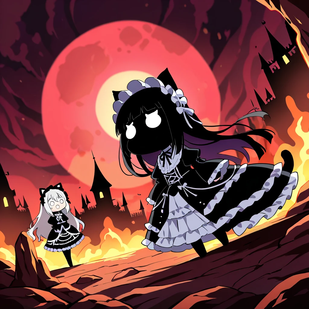 score_9, score_8_up, score_7_up, source_anime, 2girls, (Excessive lace and frills black and white gothic lolita dress and cat ear headdress:1.2), (circle eyes:1.2), (white eyes:1.2), (cat ears:1.5), (Masterpiece:1.0),
(Best Quality:1.0), (amazing quality:1.0), (sharpest focus:1.0), (anime style1.0), (kawaii style:1.0), (Cute Anime Girl Style:1.0), (Depth of field:1.0), (super fine:1.0), (16k:1.0), (incredibly absurdres:1.0),
(extremely detailed:1.0), (delicate and dynamic:1.0), (very aesthetic:1.0), (absurdres:1.0), (beautiful face and eye:1.2), (perfect anatomy:1.2), (chibi style:1.2), (Underworld:1.0), (Hell:1.0),
(very simple drawing:1.0), (underworld land of the dead:1.0), (Chibi beautiful young girls on expedition:1.0), (walking with big smile:1.0), (very dark depths of the earth:1.0),
(Chibi beautiful young girls advancing fearfully:1.0), (Huge cute man-eating panda behind the young girls:1.0), (Cute as a toy hell:1.0), (Mysterious ecological hell:1.0), (Small and chaotic castle town in hell:1.0),
(Castle town in hell full of things and people:1.0), (Lively Castle Town of Hell:1.0), (Horror-Comedy:1.0), (Deformel:1.0), (Comical:1.0), (Adorable Creatures:1.0), (Very cute creatures:1.0),