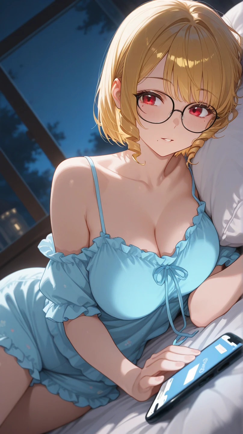 top-quality、Top image quality、in 8K,4K,masterpiece、(NSFW:1.2)、ultra-detailliert、Beautiful、ultra-quality、cute little、Style like a model、girl with(((18year old、negligee:1.5、Bust 92、a blond、cleavage of the breast、Short straight hair、Blue eyes、eye glass、erotick:1.1、Happiness、Ear-piercing)))、lying back on、hiquality、visualart、Background with((Bedroom at night:1.4、a bed))、masutepiece、