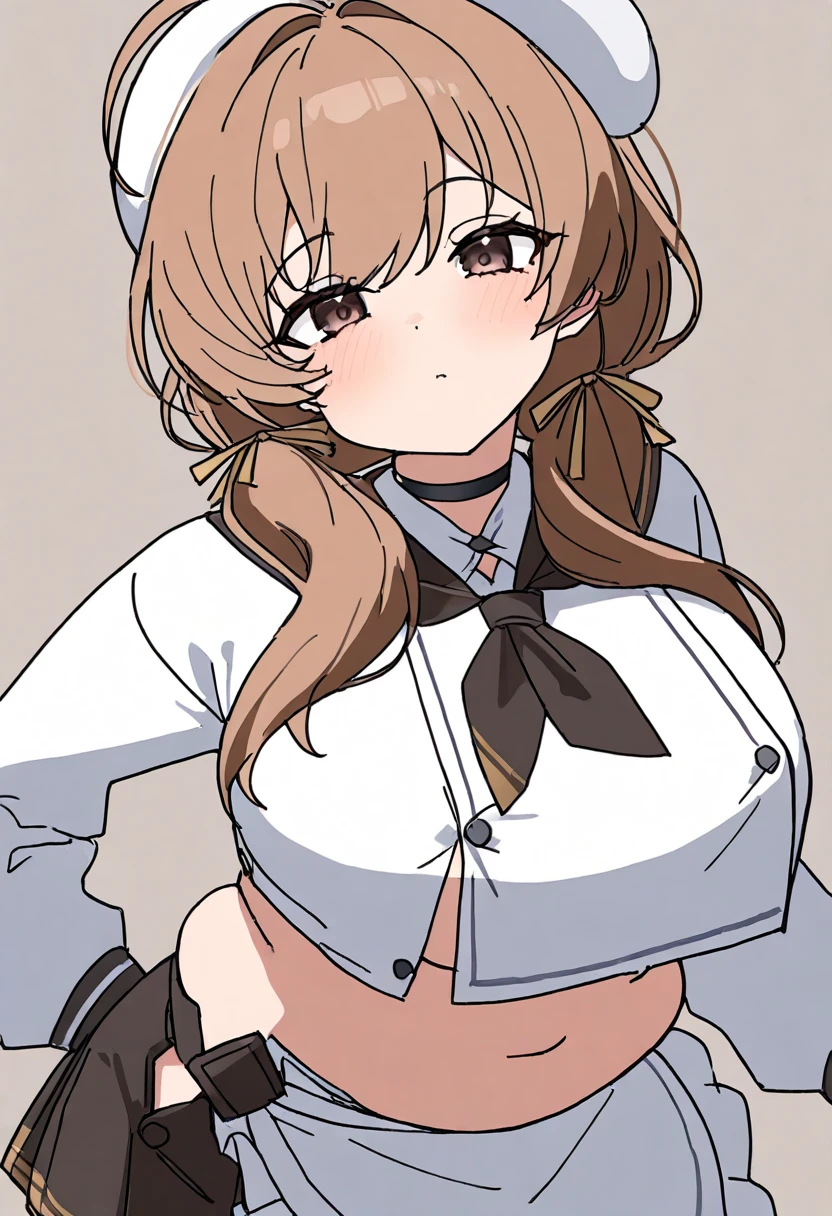 Girl, tan, long braids, pigtails, Brown hair, big breasts, exposed stomach,