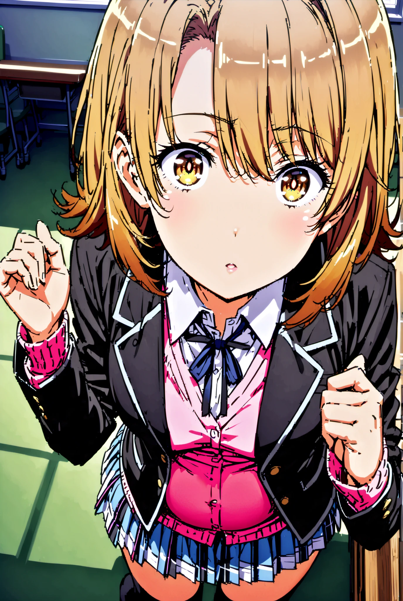 Irohaisshiki, Isshiki Iroha , solo,short hair, brown hair, brown eyes,
skirt, shirt, ribbon, uniform, jacket, white shirt, opens clothes, socks, open jacket, black jacket, thigh plaid, knee-high, thigh plaid skirt, blazers, Cardigan, black socks, pink Cardigan, sobu high uniform,Pregnant women,standing,全身がillustrationsに入るように,
break indoors, Classroom,
break looking at viewer,
break (masterpiece:1.2), Best Quality, high resolution, Unity 8k 壁紙, (illustrations:0.8), (beautiful detailed eyes:1.6), Highly detailed faces, so that it fits into the illustration, Extremely Detailed CG, (perfect hand, Perfect Anatomy),