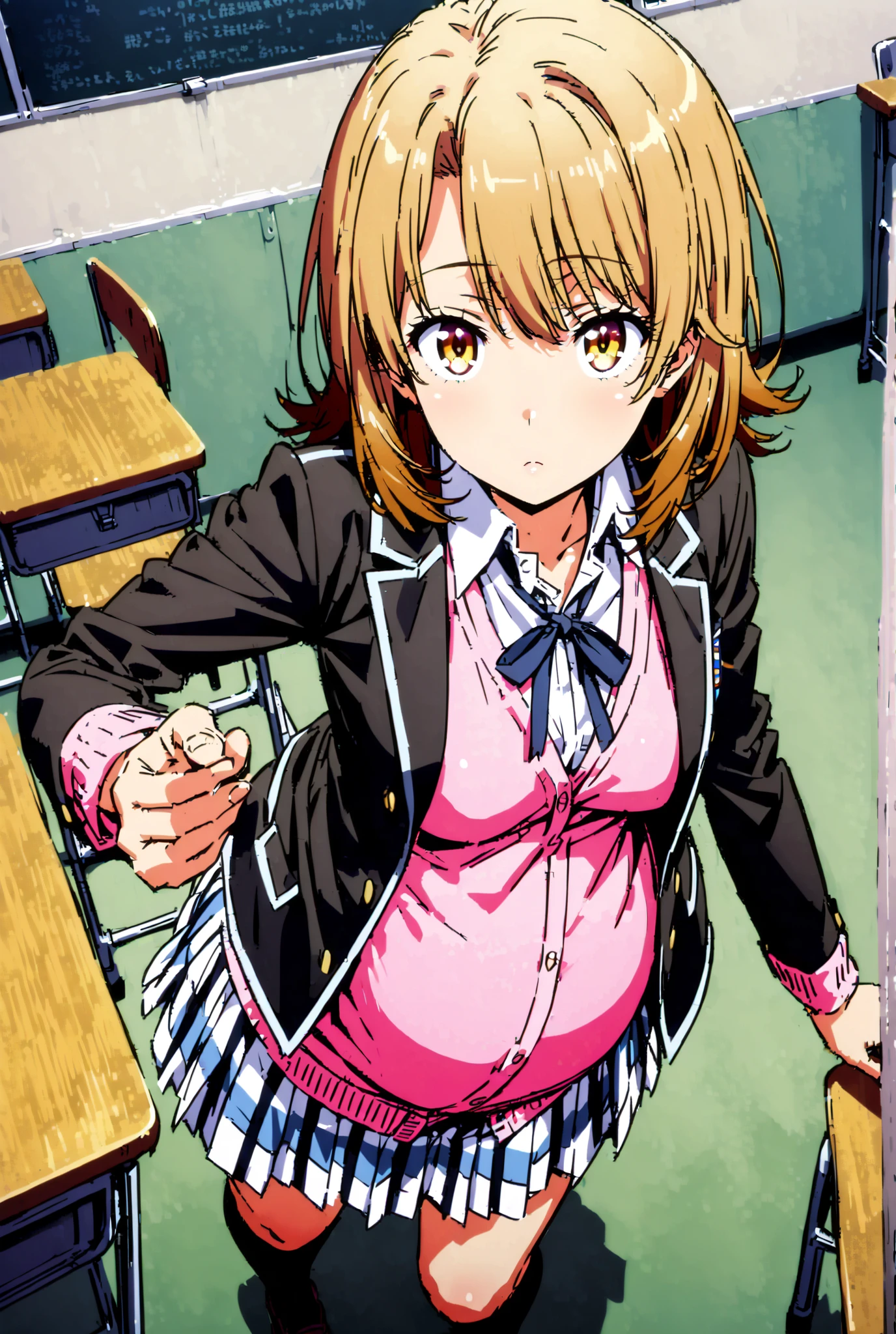 Irohaisshiki, Isshiki Iroha , solo,short hair, brown hair, brown eyes,
skirt, shirt, ribbon, uniform, jacket, white shirt, opens clothes, socks, open jacket, black jacket, thigh plaid, knee-high, thigh plaid skirt, blazers, Cardigan, black socks, pink Cardigan, sobu high uniform,Pregnant women,standing,全身がillustrationsに入るように,
break indoors, Classroom,
break looking at viewer,
break (masterpiece:1.2), Best Quality, high resolution, Unity 8k 壁紙, (illustrations:0.8), (beautiful detailed eyes:1.6), Highly detailed faces, so that it fits into the illustration, Extremely Detailed CG, (perfect hand, Perfect Anatomy),