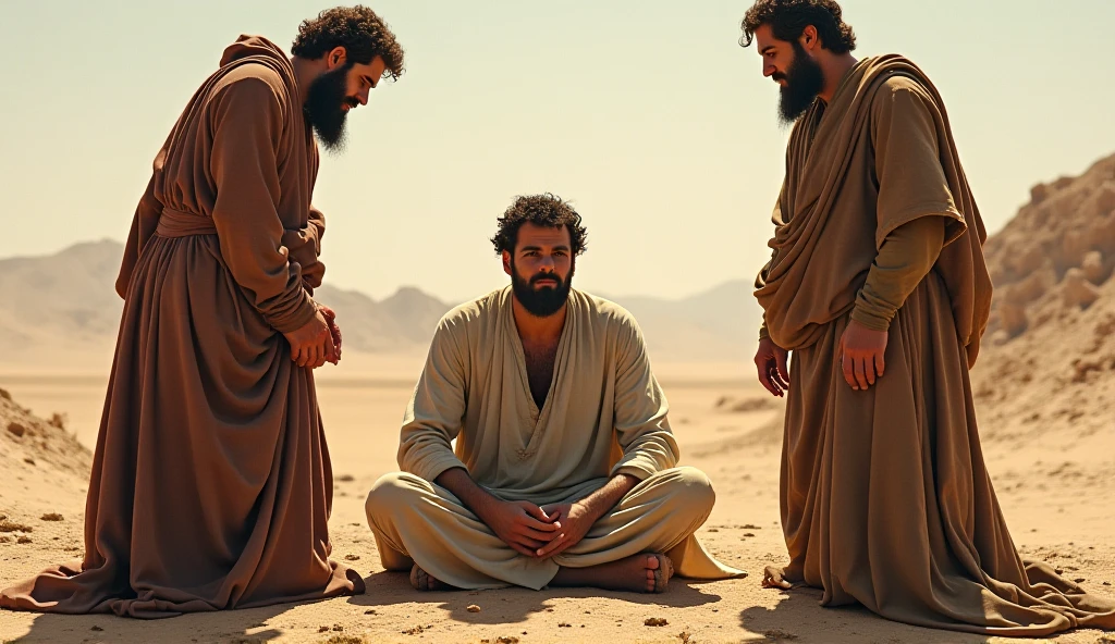 A solemn scene depicting three men crying out in grief. They are shown tearing their clothes and sprinkling dust over their heads in mourning. They then sit on the ground beside their friend, who is sitting in the center, deeply sorrowful. The background is a desolate landscape, emphasizing the weight of the moment. The men sit silently, sharing in their friend's suffering, their expressions filled with empathy and sorrow, reflecting the deep connection and support they offer during this time of intense mourning. jo um homem idoso esta ao fundo da imagem desfocado