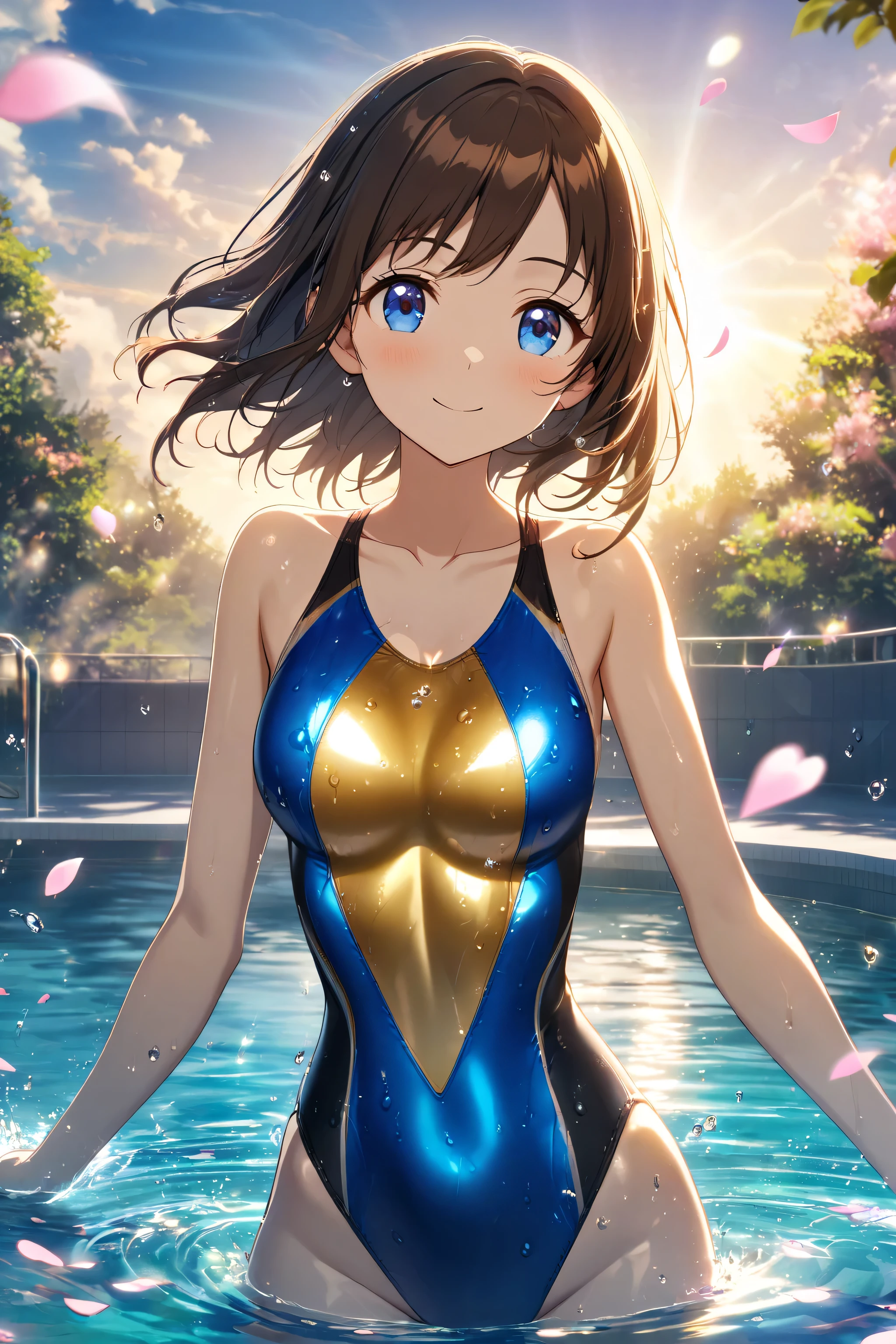 Top image quality、top-quality、8K picture quality、1girll、full body Esbian、nagisa、A smile、embarrassed from、red blush、Beautiful fece、Colossal tits、(Gold Metallic:1.4)、(Sleeveless)、(High neck competitive swimsuit)、(highleg)、(Crotch penetration)、(pin heels)、Squatting on the ground、(Open your crotch wide from side to side)、Arms behind your head、(Show off your armpits)、gazing at viewer、((Face the viewer))、((Show viewers your crotch)) 、((Frontal shot))、in poolside、profetional lighting、professional photograpy