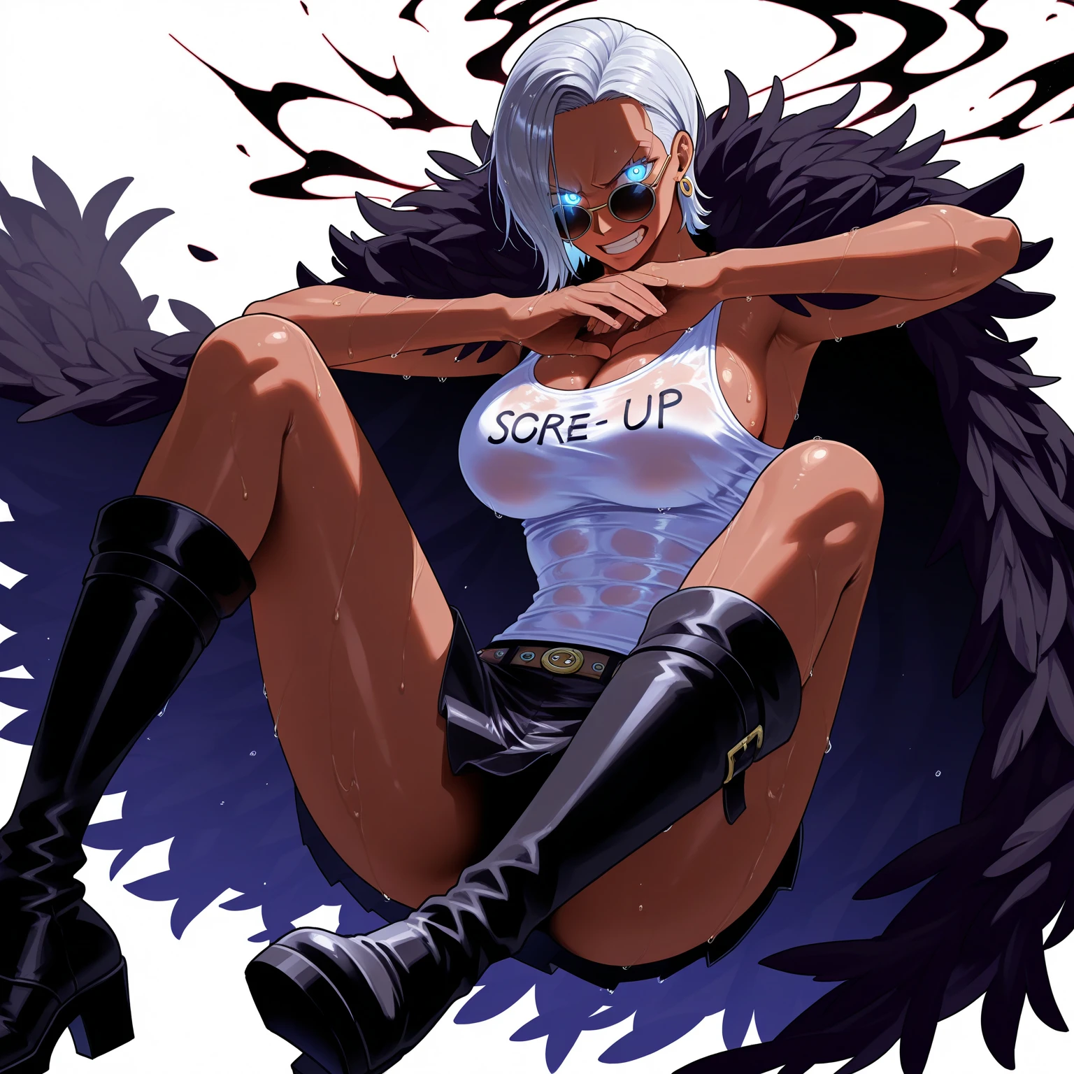 (High resolution, best quality, masterpiece), detailed, ultra detail, 1female, physically fit, curvy, slender body, fierce expression, dark eyes, smiling(detailed eyes), white hair, short length hair, full body, ((dragon horns)), ((face: dragon scales)), face covered in scales, ((topwear: fur lined coat, bottomwear: tight jeans)), snowy background, part draconic, somber expression, inhuman, reptilian skin