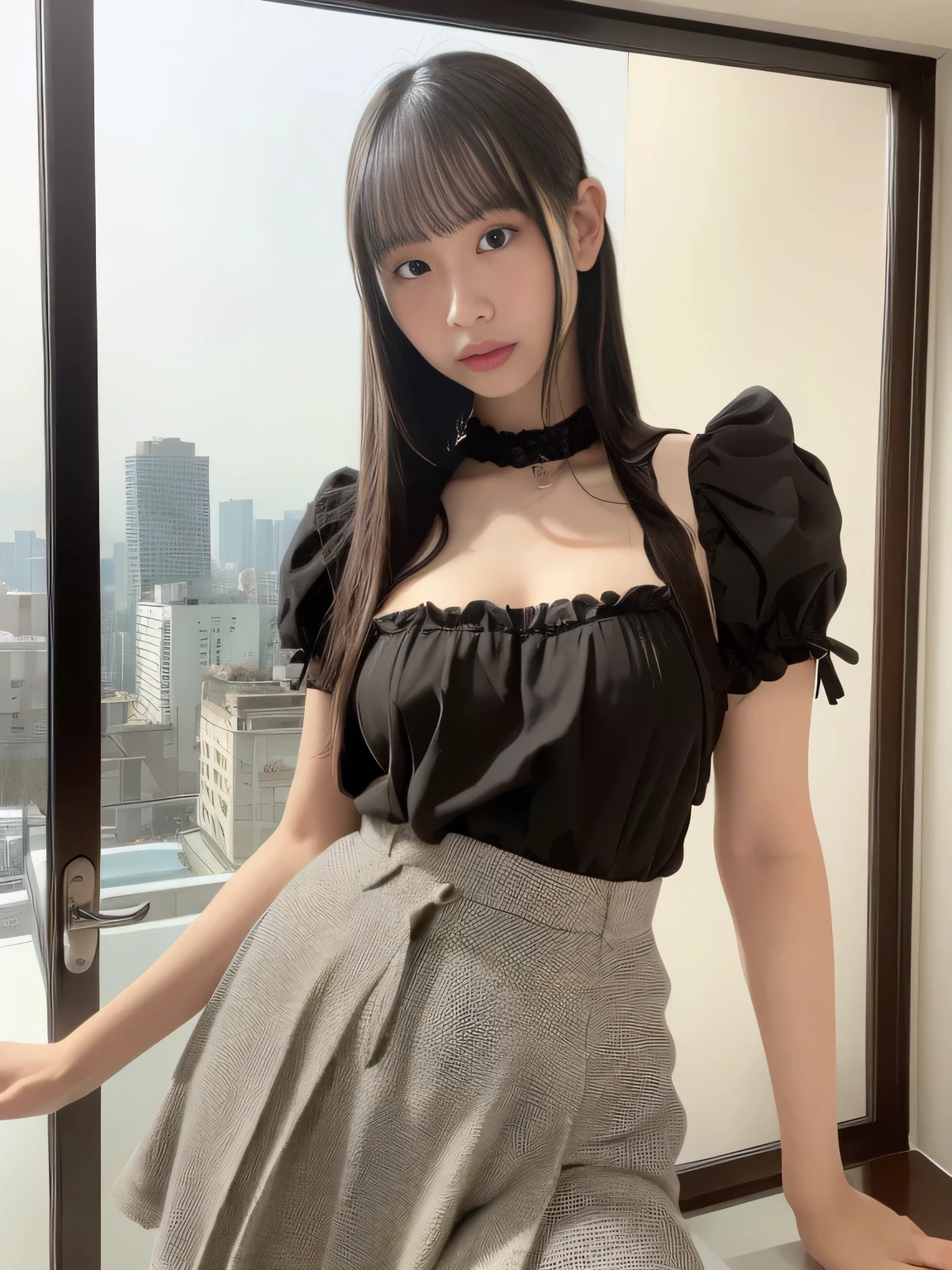 (((部屋にはソファーandテーブルがあり、There is also a window , clear glass stuck on面, 鏡andガラス面,  Glass Floor, clear glass wall,  glass openings  , was placed in the large living room,  clear glass , nesting glass door, glass wall, clear glass stuck on, Aerial View, placed in the living room, Glass Room, living room with split levels)))、(((best image quality、highest resolution、greatest masterpiece、8k)))、(((Detailed Faces)))(((cute face)))(((Baby Face)))(((Young contour)))((( Lovely facial features)))、((( Blizzard 10 )))(((model body type)))((( Perfect pose line)))、(((Big Breasts 1.0)))((( Detailed Body .5)))、(((long straight hair)))、(((赤🔴のカラフルなブラウス2.0)))and(((赤🔴の frillミニスカートを着た2.0)))、  frilly outfit,  frill, dreamy style,  Dark Gray , Casual wear style, beautiful, Cute Style, beautiful,  transparent gray skirt , Elegant clothes,  fashion clothing , beautiful画像,  frilled blooming collar, fashionable clothes, Costume photo,  fashion outfit , Glamorous tops, LOOKBOOK