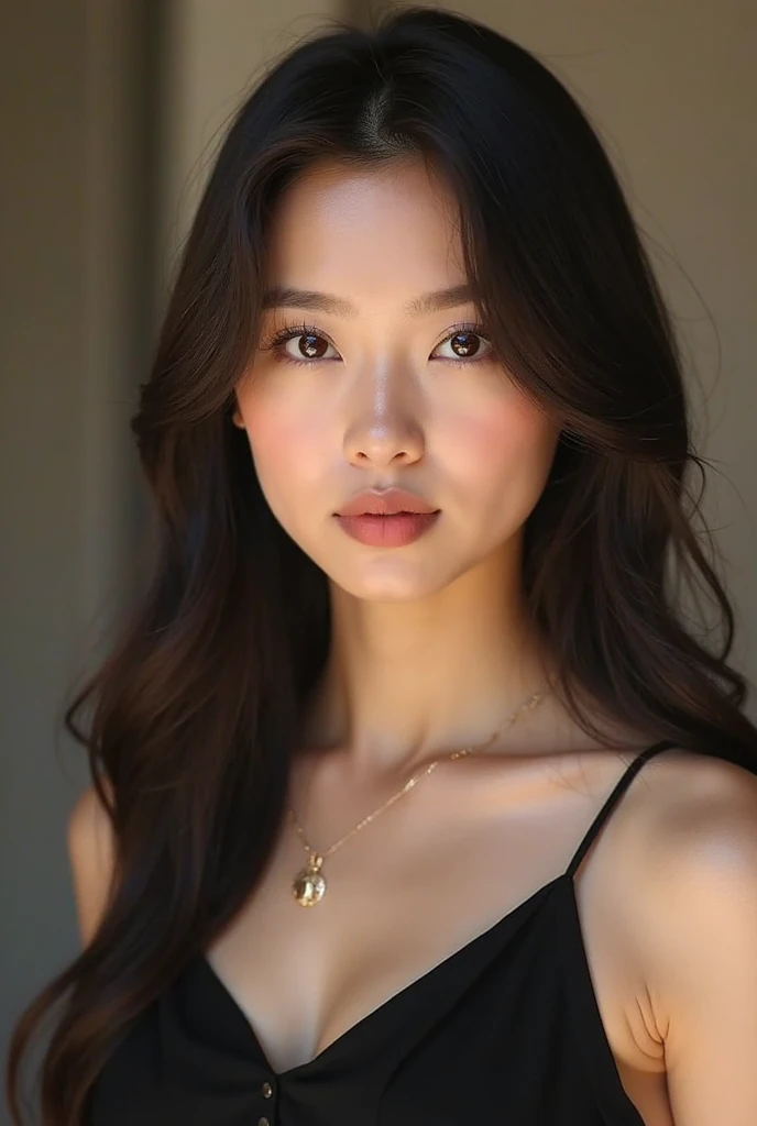 "Generate a hyper-realistic image of an exceptionally beautiful chinese woman. She must have a clearly defined and highly detailed face, characterized by typical chinese women features: large, almond-shaped eyes, small and elegant nose, and full and gently curved lips. Her skin must be porcelain, completely smooth and without imperfections, reflecting a uniform tone. The hair should be straight, deep black, and fall to the shoulders with a healthy shine. The facial expression should be serene and slightly smiling, conveying calm. be subtle and neutral to emphasize the detail and beauty of the subject. Prioritize ultra-realistic details in the texture of the skin, hair and facial features to maximize the visual impact of the image."