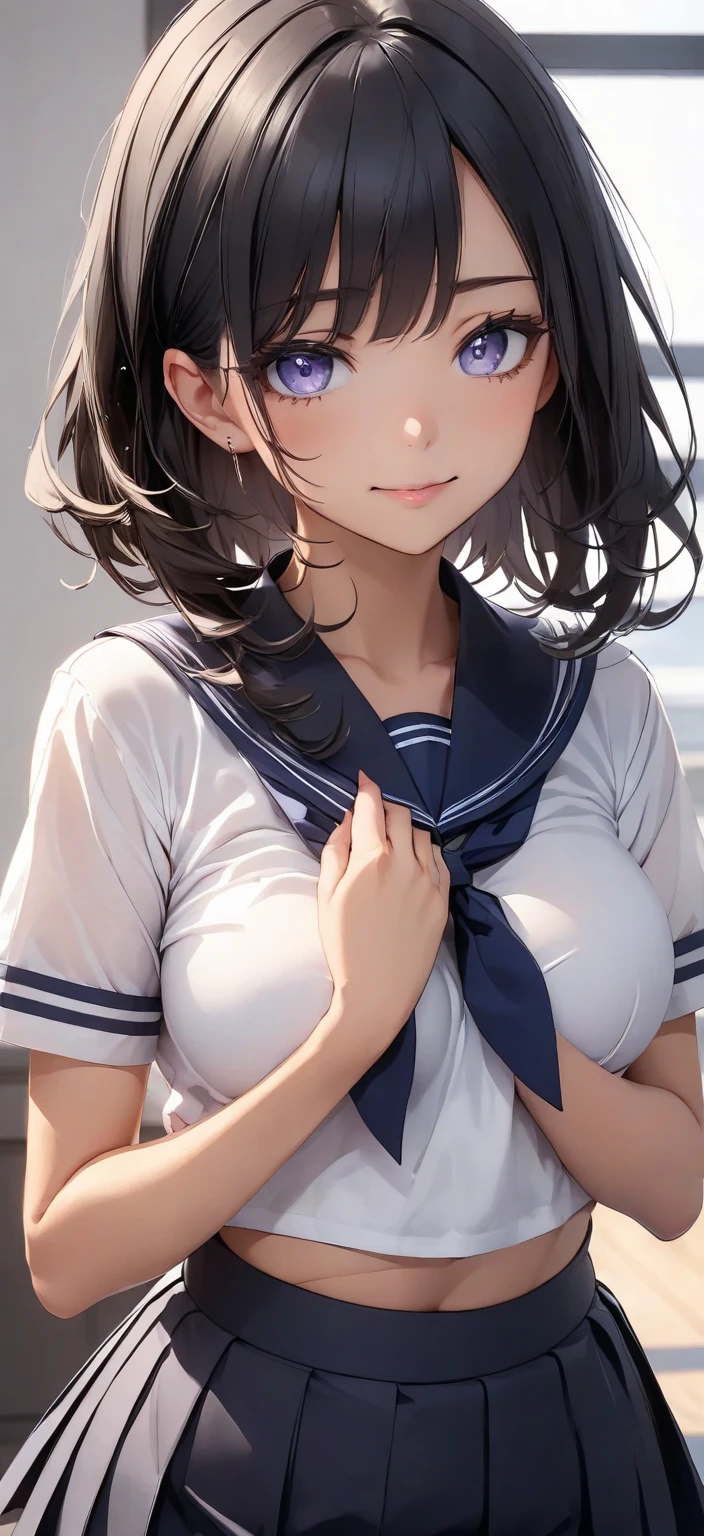 One Cute Pure Girl,(Solo:1.2),lightsmile,Black Bob Cut,(serafuku,blue sailor collar, Pleated skirt:1.4),(large boob:1.3),Beautiful detailed eyes,long eyelashes,Beautiful detailed skin,(PastelColors,sketch:1.3),masutepiece,Best Quality,Insanely detailed, amazing,superfine illustration,Intricate details,Perfect Anatomy,5 fingers