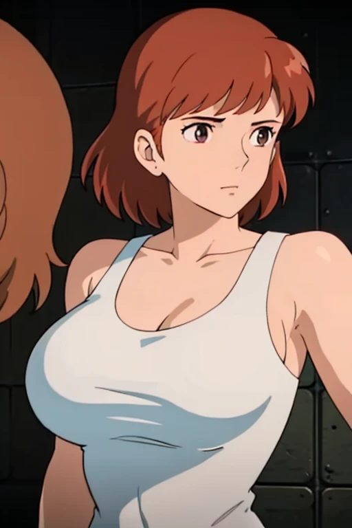 NSFW,(masterpiece, highest quality, High resolution, anime screenshot, anime color, 8K, realistic), Nausicaa, woman, mature woman, wife, alone, brown hair, (looking at the viewer), huge breasts, cleavage, (badly torn tank top:1.5), Upper body, forest, (perfect detailed anatomy, Beautiful and dense face&eye:1.5, shiny skin, perfect body)、erect nipples、I want to see up to my kneecaps、thin fabric panties、wide open legs