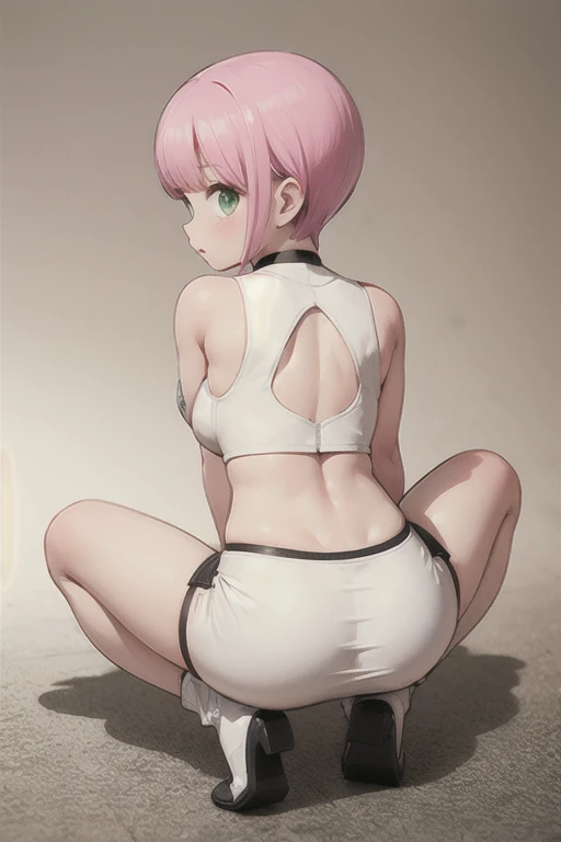 1 girl, high quality, (short hair), pink hair, forehead, blue eyes, medium , (white clothes),(straps on thighs:1.3), simple background, stocking, cameltoe,(sweaty:1.1), (nipples