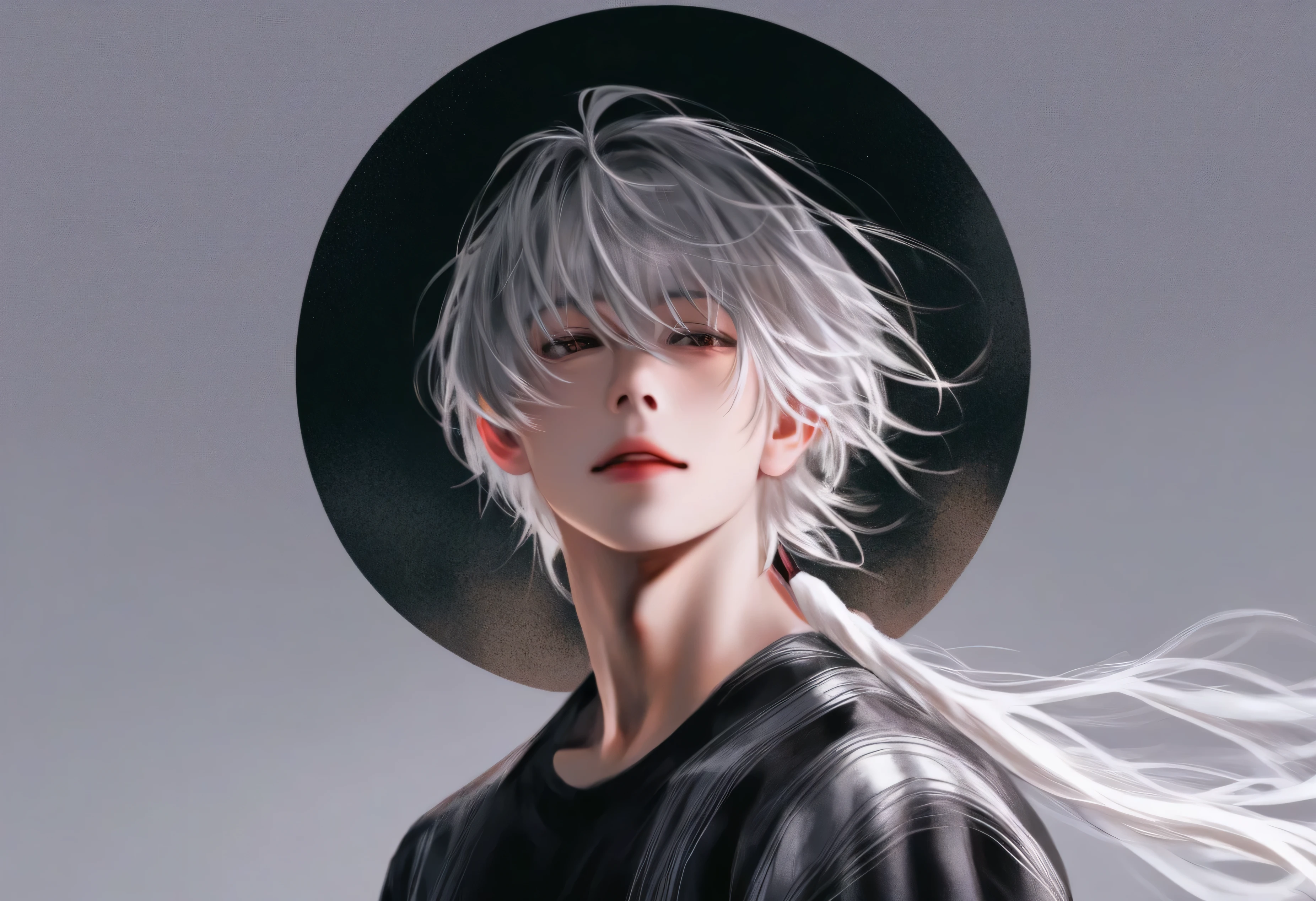 an anime style illustration，depicts a handsome young man，he has messy white hair， standing in the water 。the overall tone is gray and white，highlights muscle line details。uses high contrast lighting，creates a dramatic and atmospheric picture。similar style[the name of a famous anime illustrator，For example, wlop] ，high quality、sharp details，a digital artwork，resolution reaches 8K 。aspect ratio of 3:4 ，style strength is 750 ，uses the Niji 5 pattern。。
