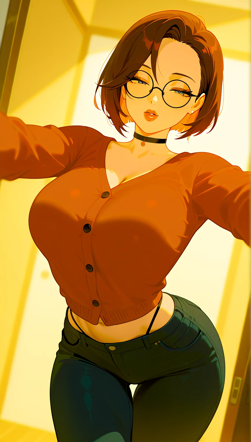 hanging breasts, nsfw, ,circular glasses, red-orange hair, circular glasses, hair ornament, short hair,,huge tits , pink crop top, skirt,, pussy, nsfw, facing viewer, cowboy shot, photoshoot, simple background, pussy, slutty, nsfw, full face blush, topless, 13 years old, young girl, of small stature, lifting clothes, shirt lift, skirt lift, flashing viewer