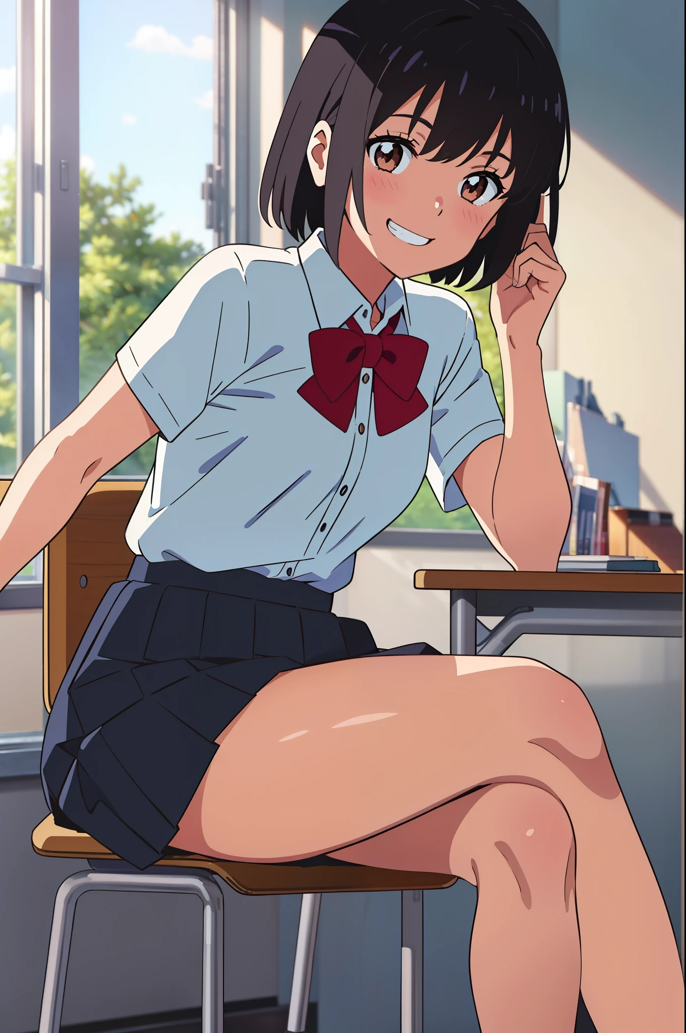 ((best qualityer)), ((work of art)), (detailded), face perfect, class room, talking with friend, slender 14 year old teenager, (((sitting down))), (((legs together, Knee flexion))), ((((plain white shirt with buttons)))), (((dark blue pleated skirt))), (((plain pink panties))), (((peak of the raised skirt))), (((skinny thighs))), (((Waist slender))), ((surprise:1.4)), ((blushful:1.3)), chestnut hair, hypdertailed
