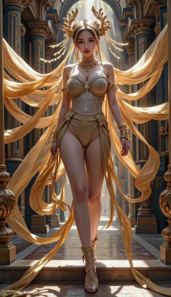 Elizabeth Hurley, naked, young, beautiful, voluptuous, wide hips, standing in a forest, wearing a tiny light yellow strapless bra and a transparent full saree, rear view,  butt crack visible through saree, dark brown braided hair, big smile, full body, rear view, head to toe, full light on face, photorealistic, High resolution