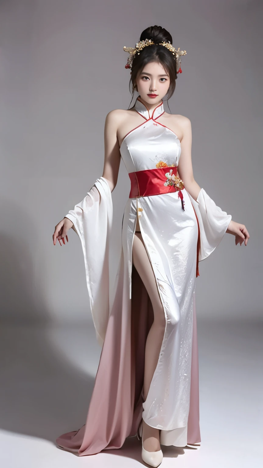 beauty,sexy,cute,Chinese red costume girl(Clothes are full of details),full body,Cultivation style,white studio background