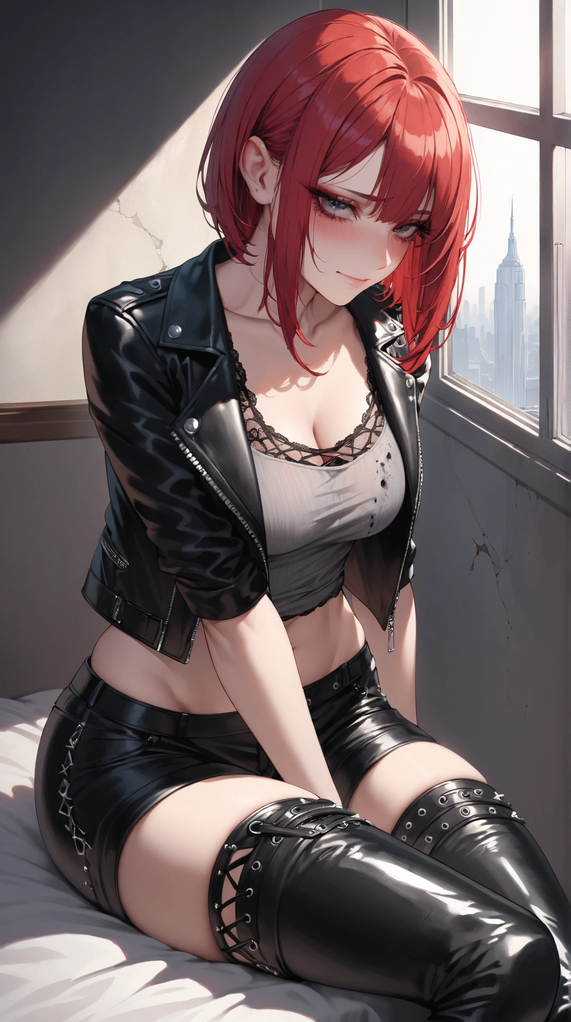 masterpiece, highest quality, pixiv, cooles Girl, topless, (((Close up POV full body portrait, sexy seductive slutty pose:1.2))), Lips in love, Red hair, curly Red hair ,pony tail, blunt bangs, straight bangs, blue eyes, White skin, Girl, improve,Look at the Beholder, smile, Background blur,