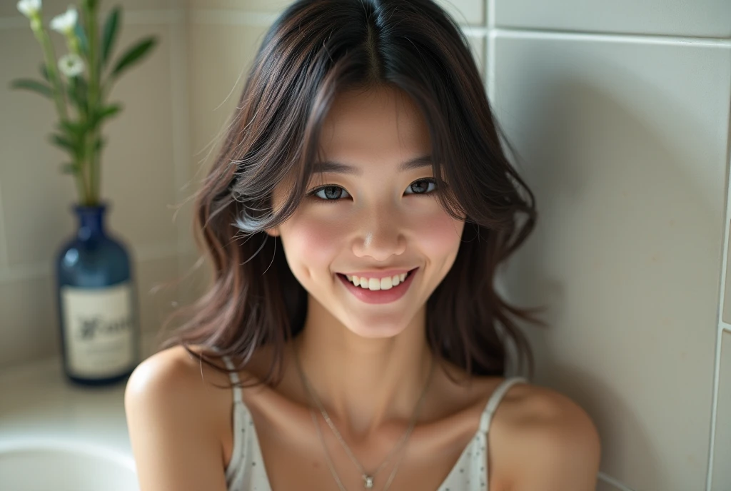 1 woman, white background, (Highly detailed body, very detailed face, top quality:1. year old woman), looking at viewer, A smile with visible teeth, I can't see her hands, (very long layered hair:1.2), (Her thighs are very beautiful:1.3), (8 thousand:1.5), (Lovely pajamas:1.3), (skin glow:1.3), (huge breasts:1.3), The Most Beautiful Women in Korea, beautiful bridge,