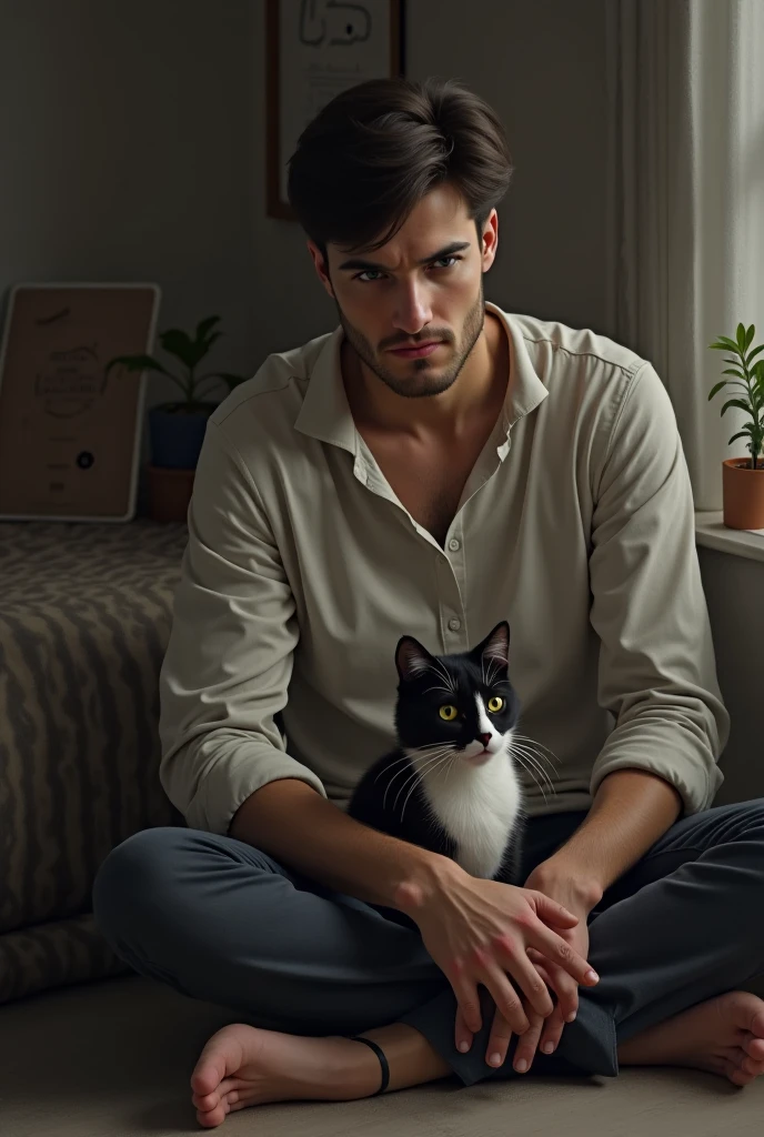 A lonely man is gazing at the cat