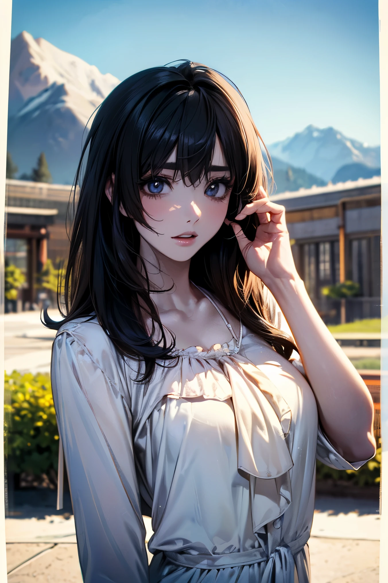 1girl, beautiful detailed eyes, beautiful detailed lips, extremely detailed face, long eyelashes, night, close up, upper body, 8k, raw photo, best quality, masterpiece, realistic, photo-realistic, large breasts, train tracks behind, mountains, high grass, lank and sloopy