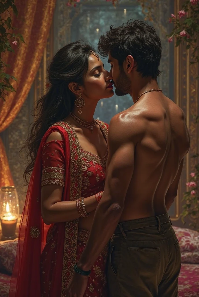 Make a 3d real image where a hindu women wearing red saree red blouse red lipistick golden jhumka in ears and golden bangales in hand gold manga sutra in neck and other orna ments sindoor on forehead she is in bedromm a guy who is husband of her he is pull her saree in hard way he is nude and body building men