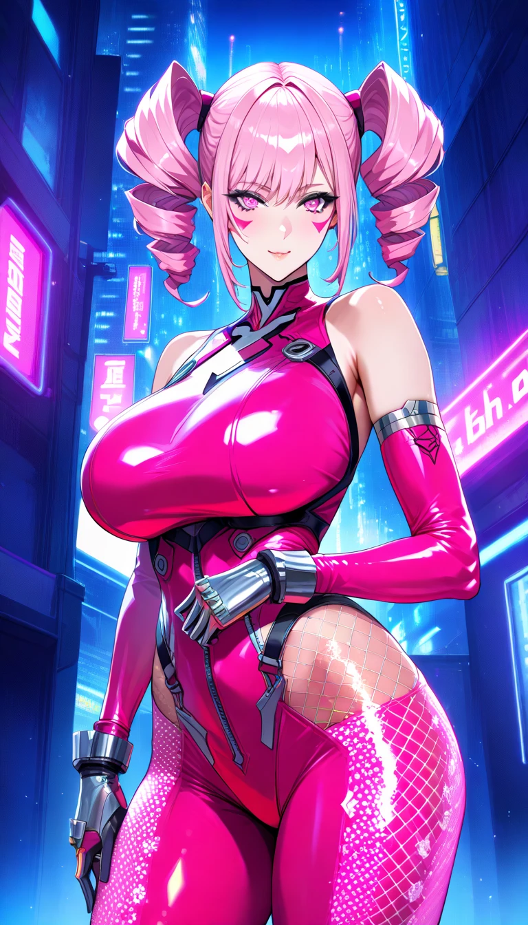 Pink translucent mecha,Arm mecha,Short pink hair,Curly hairstyle,Huge breasts,Cleavage,Half body wearing benzene heavy mecha,fighter hangar,Sexy,lipstick,Gray eyes,Smile,earrings