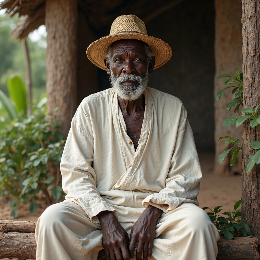 Beautiful Landscape of a Village in Africa, typical native houses, 8k reality, a black man, 85 years old, Whole body, He is sitting on a wooden block, He has a cane in his right hand, perfect anatomy, old straw hat, white t-shirt and pants, nice face,
