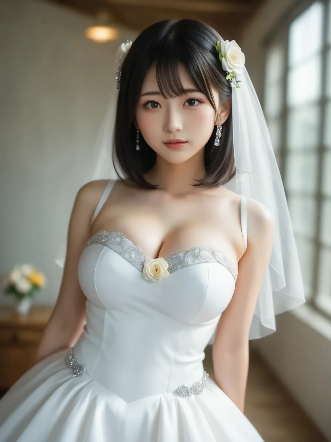 (((Pixel perfect, Perfect details))), alone, 1 girl, yuigahama yui,  Close-up of beautiful bride wearing beautiful wedding dress,Gurwitz, looking at viewer,(bridal veil:1.5），（transparent short veil：1.5），makeup,pink blush，dark blue eye shadow，Blushing face，double-headed flower，headgear，（Bouquet：1.2），（tube top wedding dress：1.5），（Silk dress：1.2）,（Strapless wedding dress：1.5）,pure white dress，necklace，earrings，(large breasts:1.3)，Bangs，pink lipstick，（White long elbow gloves：1.4）,whole body照,High detail RAW color art,White long skirt，whole body，(china street:1.3),1girl,18 years old, （long twintails：1.5）,(double bun hair:1.5), black hair