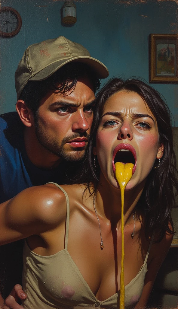 The man in his 55s with black very short hair and smooth face with moustache. The woman in her 55s with brown long wavy hair. In the outside garden with yellow lilies. Night, dark, dim. The man is wearing unbuttoned black shirt. The woman is wearing green dress. The woman is sitting the iron table. Missionary sex. The woman is moaning. Orgasm. Passion. Erotic. Ultra realistic.