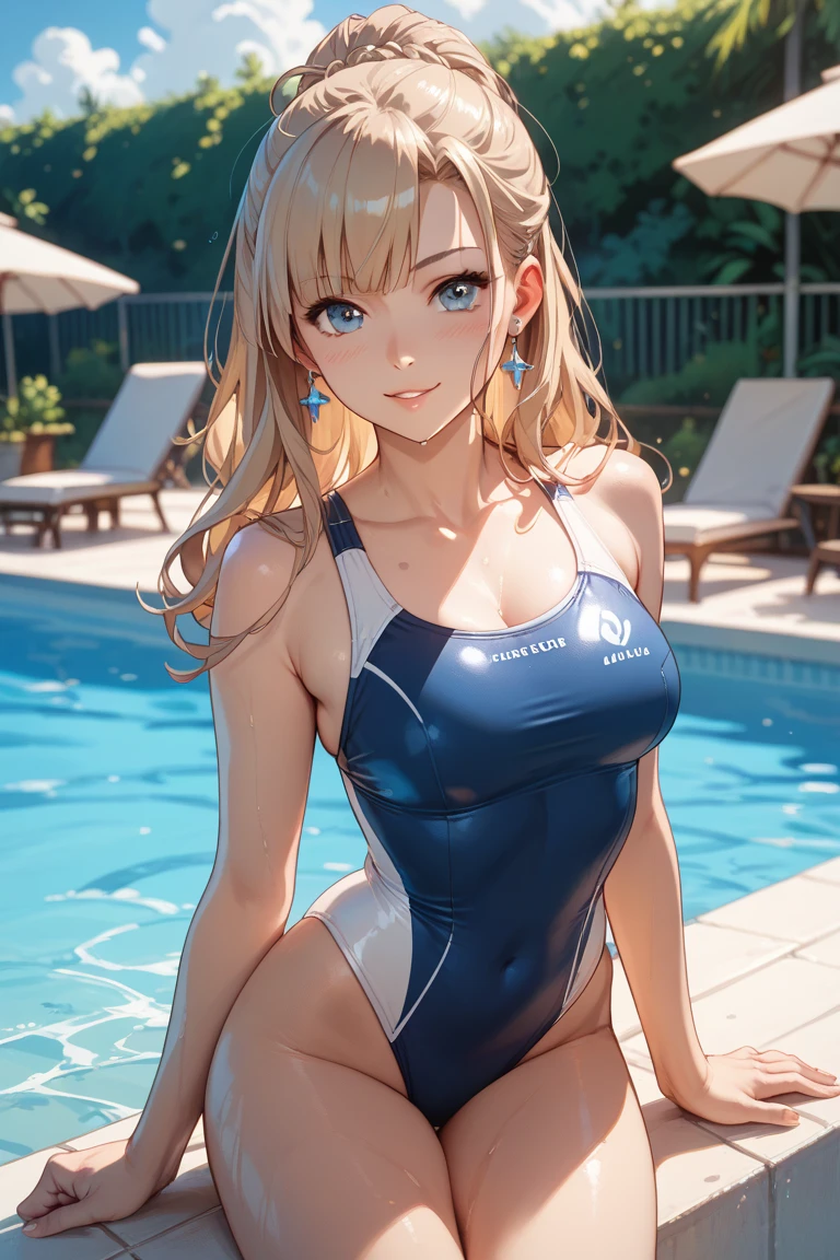 ((Best Quality)), (ultra-detailliert), ((Extremely detailed)), (Beautiful), ((Kawaii Girl)), ((UHD)), (masterpiece), (high quality), (best quality), (4K), (high quality), 1, solo girl, 1girl, ((platinum blond hair)), parted bangs, ((hair intakes)), long hair, (hair two side up long), ((jade colored eyes)), slanted eyes, medium breasts, slender body, competition swimsuit, Pool Background, (blue sky:1.3), solar, sunlight, anime, ;D