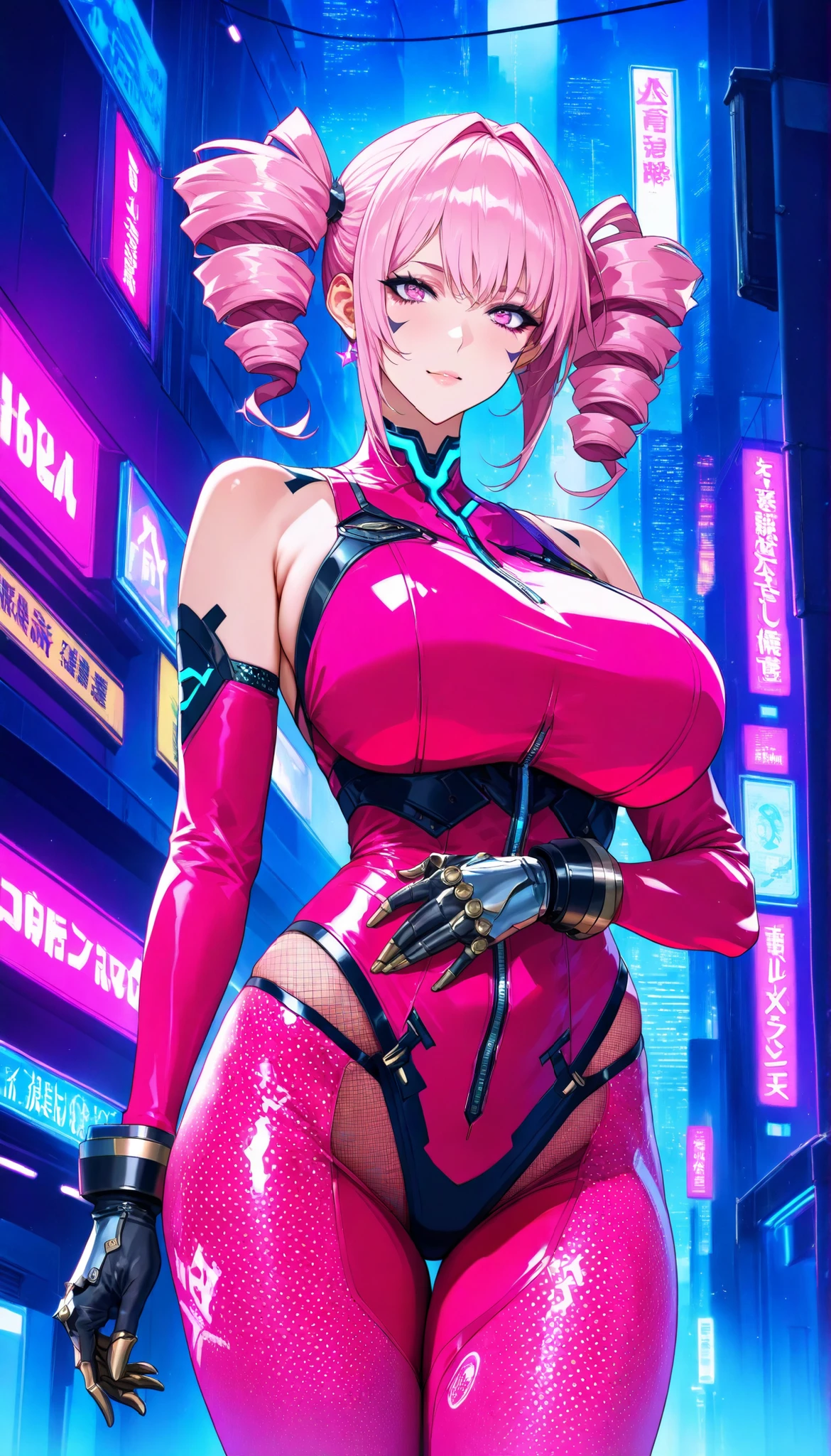 Cyberpunk city background, A woman with a perfect body, Wearing a sleeveless pink leather bodysuit biological armor(Fishnet), There is this pink fluorescent pattern on the tights, She stood in a narrow alley, Hands wearing pink short metal gloves,A pink pistol in her hand,(Light Pink Hair, Short hair,twin drills), Huge breasts, Cowboy Shot, at night, Dim neon lights, UHD, masterpiece, anatomically correct, textured skin, super detail, best quality, highres, 16k, 1080P