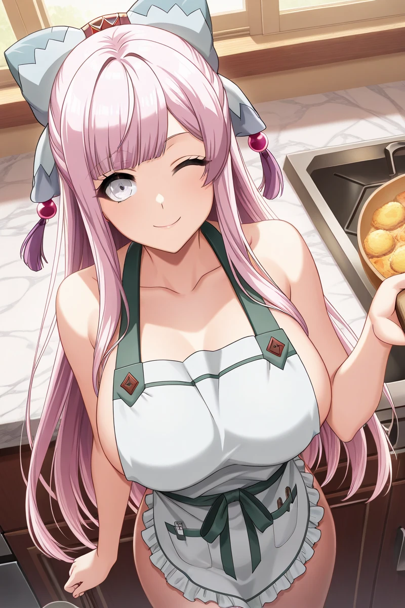 score_9, score_8_up, score_7_up, score_6_up, 1girl, solo focus, blush lines, large breasts, light purple hair, long hair, one side up, chestnut mouth, nipples, naked apron, green apron, kitchen, looking at viewer, from back