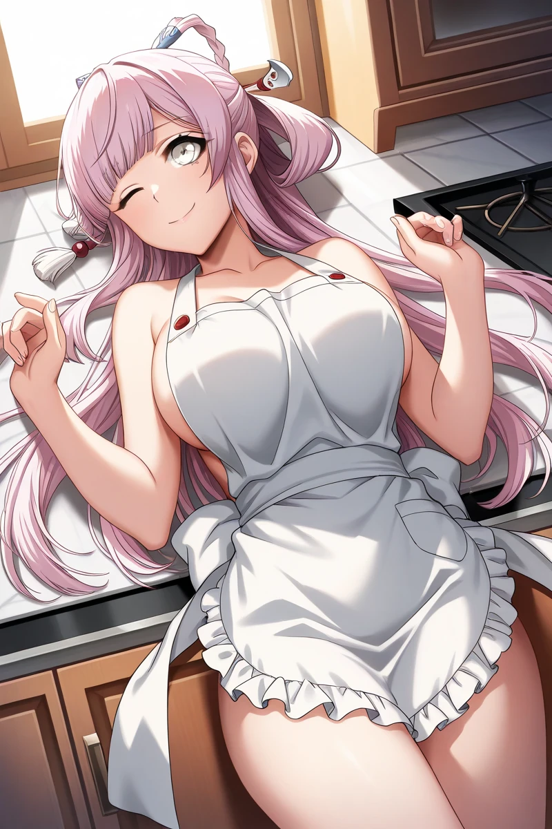 (masterpiece:1.3),(highly detailed:1.3),(highres:1.1),best quality,Ultra-detail,1girl,solo,kitchen,jelofolkwang,naked apron,((white apron)),ass,sideboob, unclear clothes , white pantie, ((perfect body)), salon,((take off pantie)), legwear ,hand pantie, ((perfect breast)), perfect face,slightly curved body,pink eyes