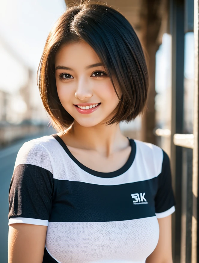 a close-up of a woman with , ela tem cabelo preto with bangs, Hime black haircut, ulzzang, korean, with short hair with bangs, with short hair, dilraba dilmurat, garota korean cruel, hairstyle with bangs style, with bangs, korean symmetrical,,,,,,,,,,,,,, clear light , highy detailed, cinematic, weirdcore, surreal, abstrato,wearing a sexy bodycon t-shirt
