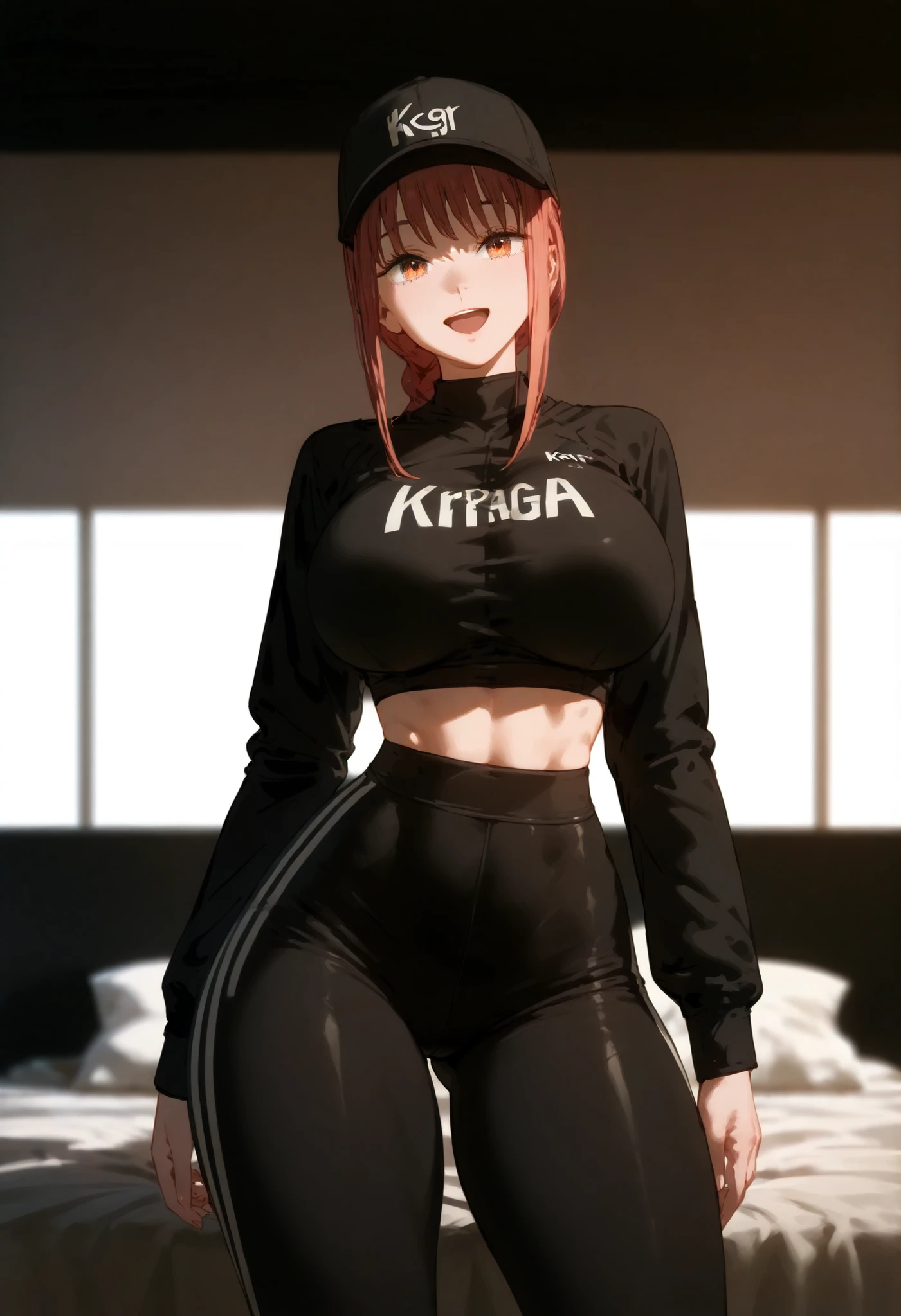 Makima, (huge breasts), ((thick thighs)), ((wide hips)),Krasnaya, happy with me, sexy, open mouth, very baggy black clothes, black cap , slutty outfit , horny, seductive,black yoga pants, young, athletic, realistic sweatshirt, tight waist , cum hooker, obedient, crumpled clothes in bed, ((torn clothes))