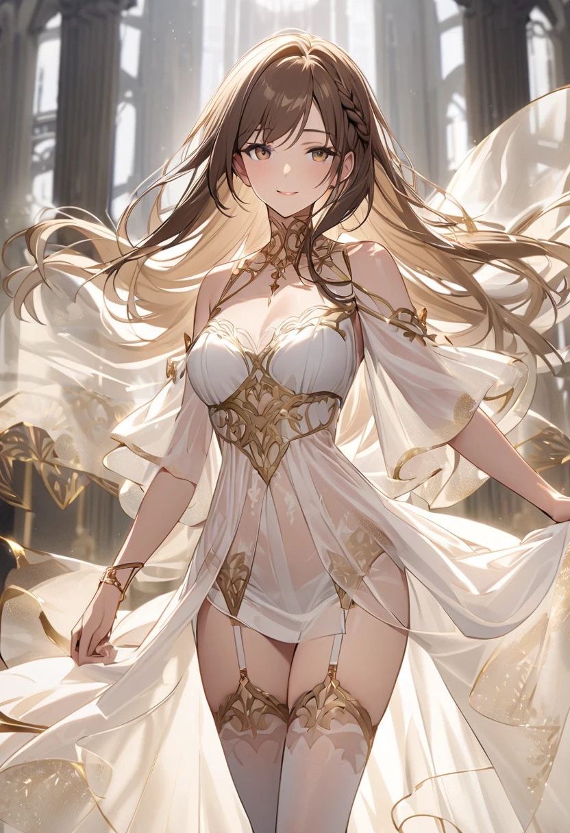 Masterpiece quality，The best quality assurance。A brown hair、Cute girl with golden eyes。Tsundere，Exudes magic，With a rose headdress，Long hair flutters in the wind，naughty big breasts，White sportswear，Genki girl，Behind it is the desert