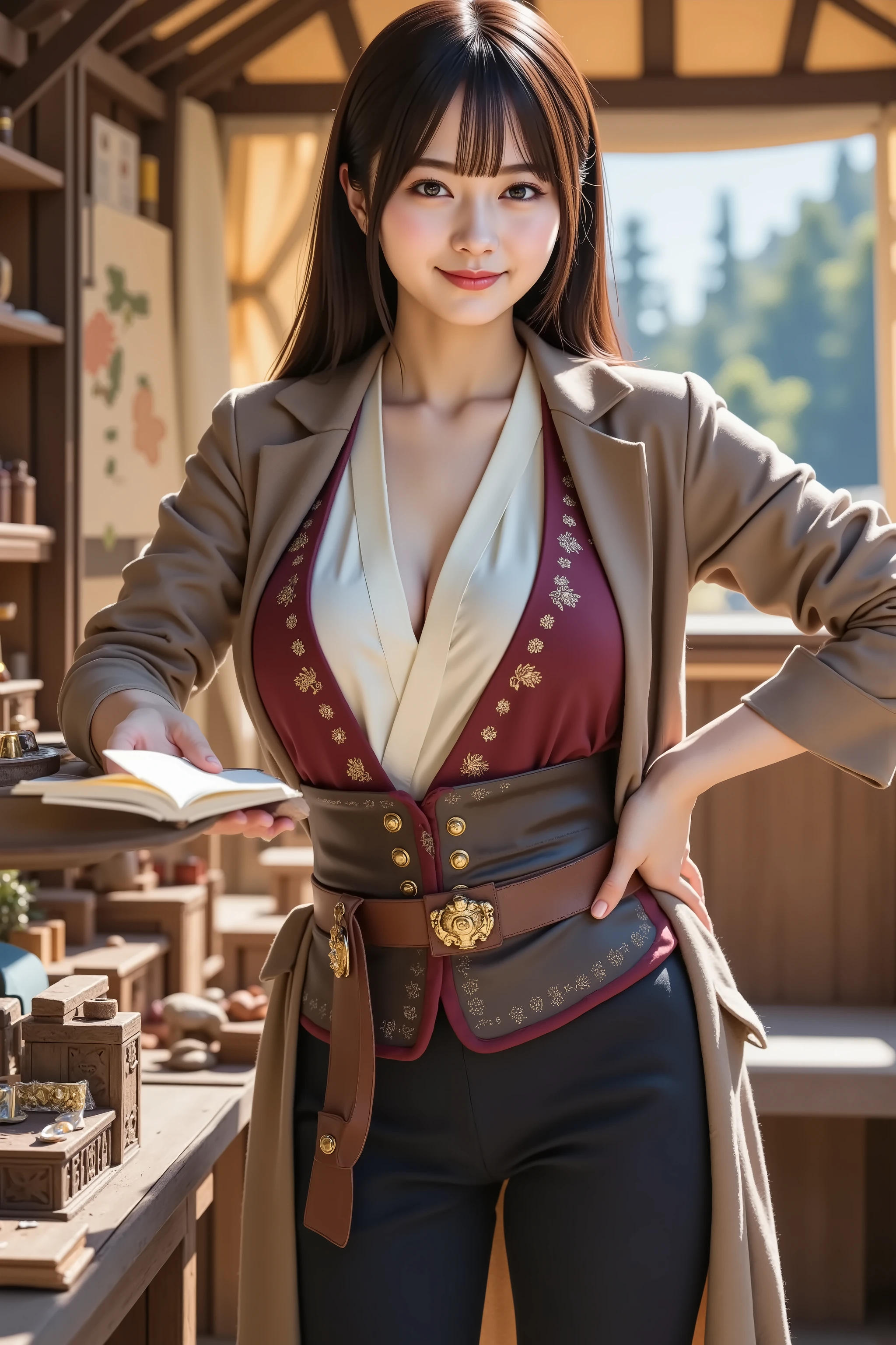 sakura, huge breast, Cleavage, a highly detailed, ultra-realistic digital illustration of a beautiful young Asian female merchant standing confidently inside a well-equipped horse-drawn trade wagon traveling through a rugged mountainous forest, inspired by classic fantasy RPGs. She is captured in a medium close-up shot, ensuring her entire head is visible with appropriate headroom while focusing on her from the thighs up. Her long, flowing black hair is slightly tousled and tied back in a practical low ponytail, with loose strands and delicate bangs framing her bright, calculating face. Her sharp, attentive eyes gleam with the golden reflection of daylight filtering through the wagon’s canvas flaps, and her expression is confident, composed, and business-savvy. She wears a classic yet stylish merchant's outfit—featuring a tailored, earth-toned jacket with brass buttons over a cream linen blouse, the neckline modest but neatly laced. A rich burgundy vest with subtle embroidery and a wide leather belt equipped with coin pouches, ledgers, and a sheathed dagger wraps around her waist. Her dark trousers are tucked into sturdy leather boots, perfect for long travels. Faint dust and light creases on her gloves and clothes hint at a well-traveled life. One hand rests on an open ledger filled with detailed trade records, while a small ornate lockbox filled with gleaming coins and rare gems sits beside her. The background reveals the cozy, packed interior of a traveling merchant's wagon—wooden shelves stacked with exotic goods, bolts of fine fabric, potion bottles, spices in jars, trinkets, and maps pinned on a corkboard. The canvas walls are drawn open slightly, letting in filtered forest light and revealing wheels turning over a dirt path. Soft creaks of wood and the distant sound of horse hooves add a sense of motion, while warm light bounces off brass fittings and colorful wares, creating a vibrant yet lived-in feel. The entire scene captures the ambition, charm, and adap