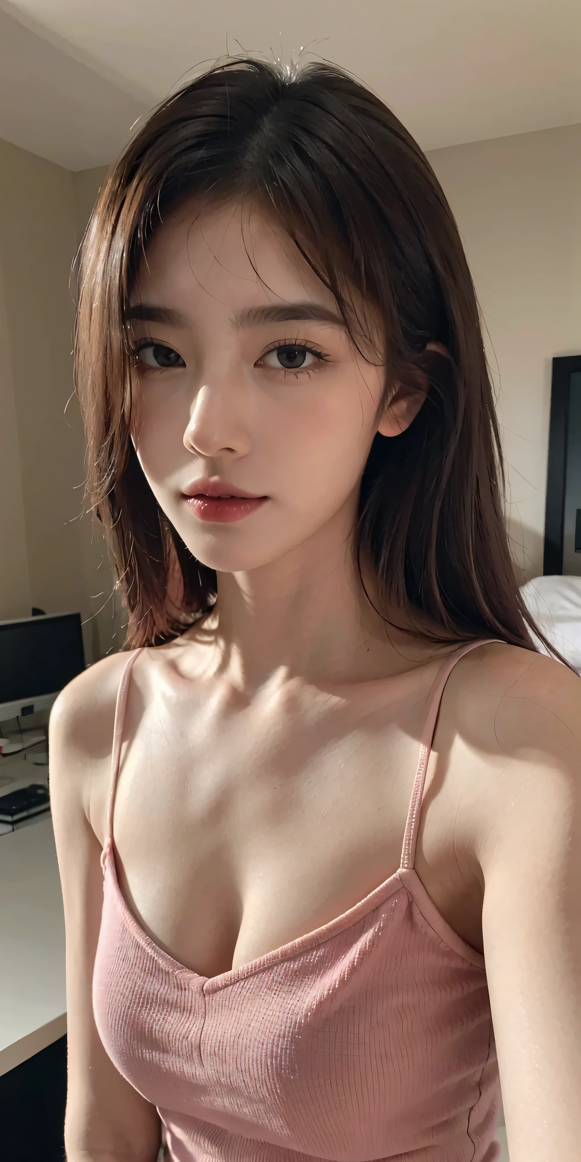 ((Highest quality)), ((Photo quality)), (detailed), Perfect Face,12 years old,Upper Body,Thin arms,White skin,bed,Pink camisole