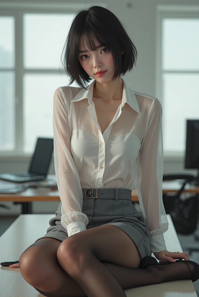 (8k, Best Quality, Masterpiece: 1.2), (Realistic, Photorealistic: 1.37), Super Detailed, 1 Girl, Cute, Alone, Beautiful Detailed Sky, Detailed Cafe, Night, Sitting, Date, ( Nose blush), (smile: 1.15), (close mouth) small breasts, beautiful details, (collared shirt: 1.1), night, wet, business wear, rain, white lace, (short hair: 1.2), floating Hair NovaFrogStyle,