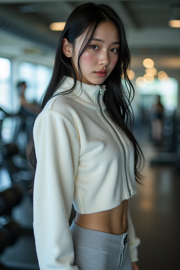 Create an Asian long-haired beauty,Wearing a long white turtleneck fitness shirt,Scratching the scalp with both hands,There is a lot of dandruff on the top of the head,White fine dandruff on the top of the head,The expression is unhappy,The characters are realistic and realistic,Gym background,9:16 frames,Ultra-high-definition picture quality