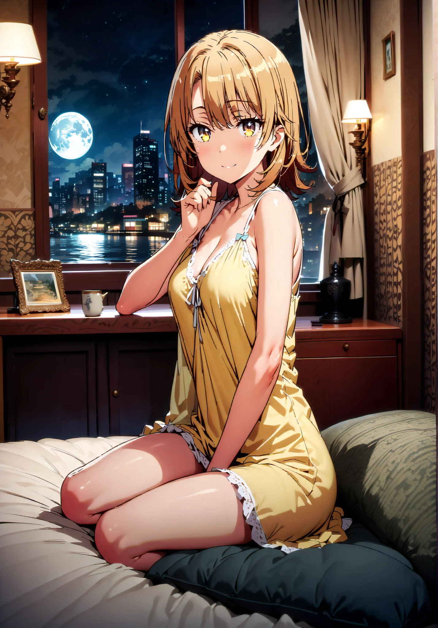 Honoka Kosaka Orange Hair Blue eyes One-sided half ponytail Orange nightgown White garter belt smile Larger breasts night Love Hotel Seduce Sit on the bed night景 Dark Room Room lighting Holding an orange cocktail