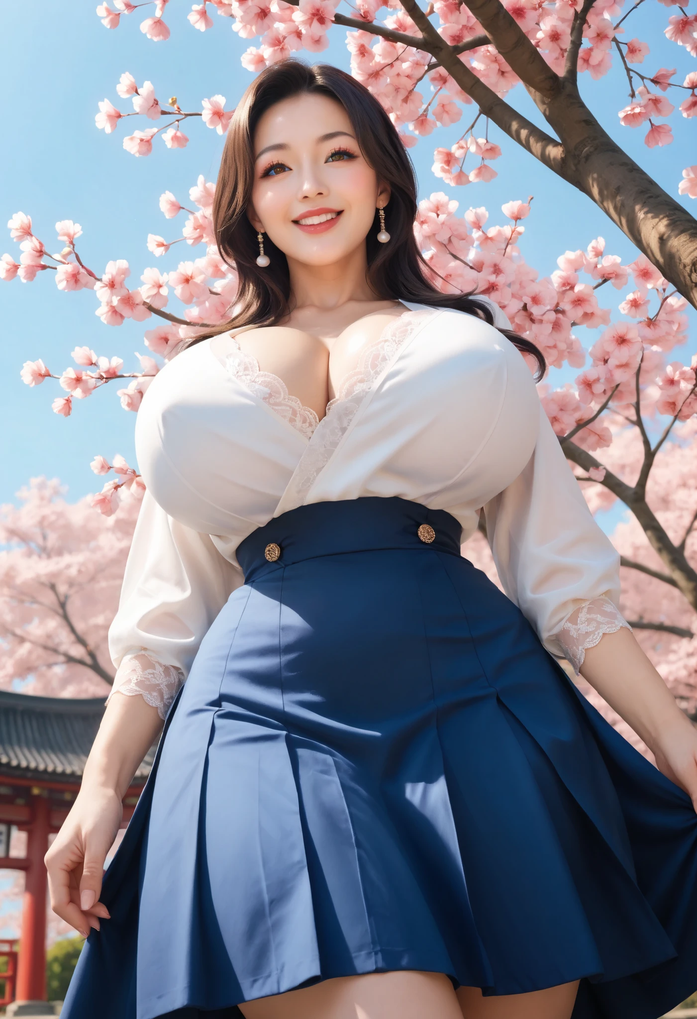 (master piece, best quality, detailed, absurd:1.2), Japanese woman, (A girl, 1 girl : 1.3), solo, solo focus, 20 years old, mature woman, beautiful character design, beautiful detailed depiction of eyes, Young face, expressive eyes, beautiful face, human anatomically accurate body, brown eyes, Smile, White blouse, Blue Skirt, (huge breasts:1.1), thin waist,(wide hips:1.0), Under a large cherry blossom tree, cherry blossom petals dance, standing, orbital space, (from below:1.2)