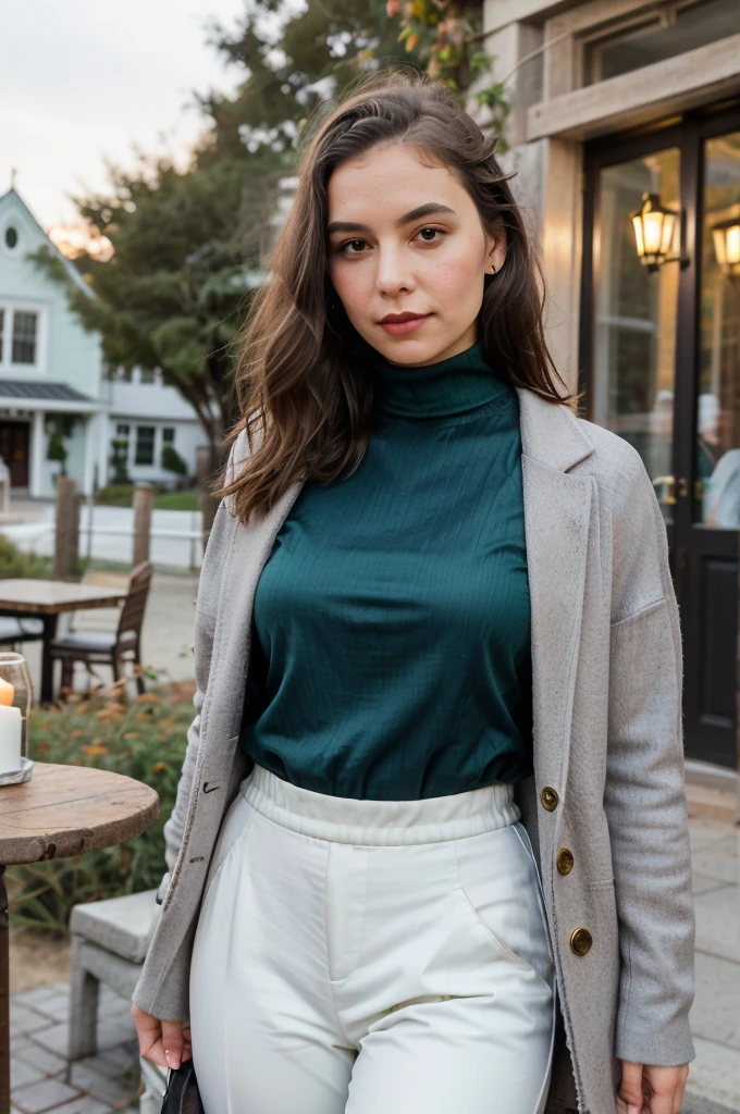 a woman wearing turtleneck and pencil skirt, greenhouse, (candlelight:0.5) <lora:fic-elodie:0.8>