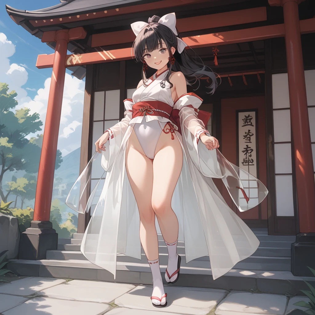 masterpiece, Highest quality, Highest quality,full body,ponytail,Shrine maiden,20-year-old,standing,Kantai Collection,Haruna,yandere,Red eyes,Sexy legs,Simple Background,