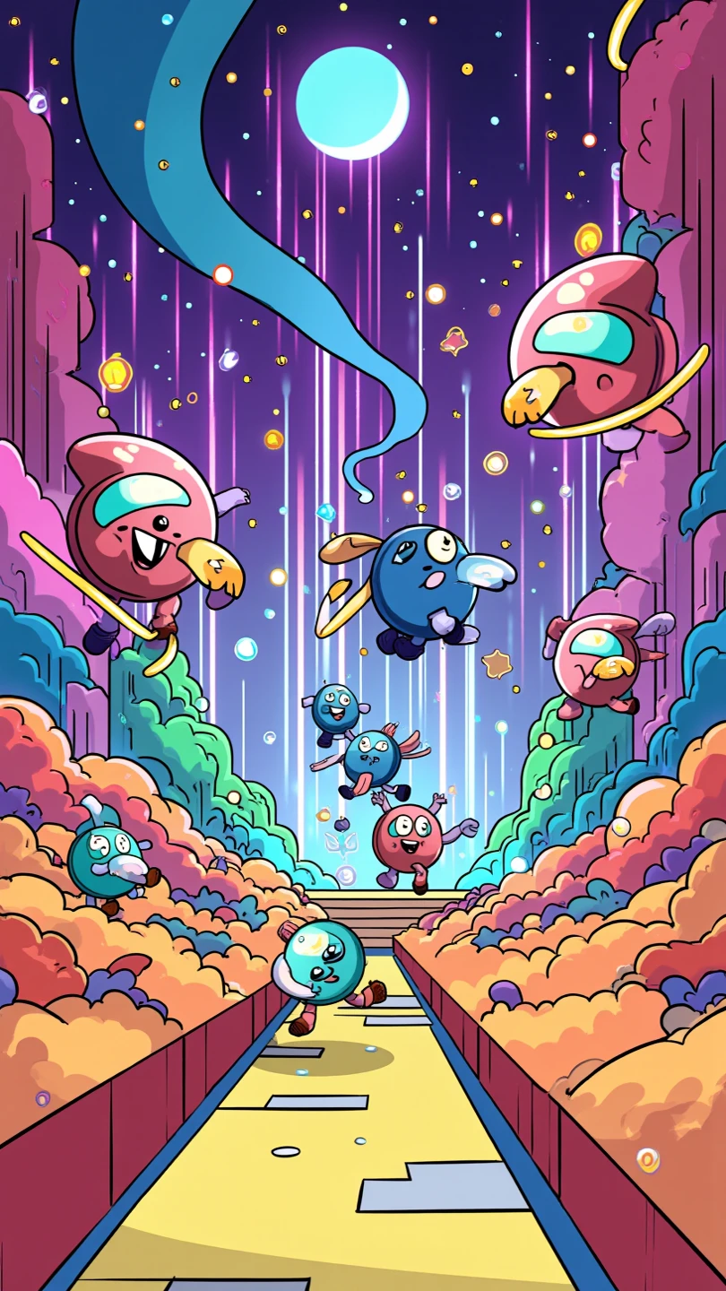 comic, gentle, illustration, vibrant colors, playful characters, dynamic poses, detailed backgrounds, expressive facial expressions, speech bubbles, action lines, comic book style, soft lines, humorous narrative, whimsical tone