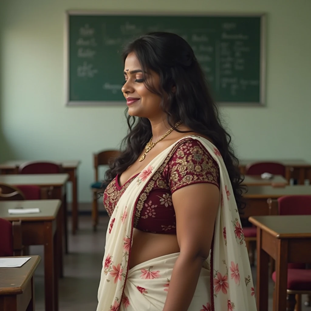 A dusky chubby indian teacher in a pink transperent saree in classroom