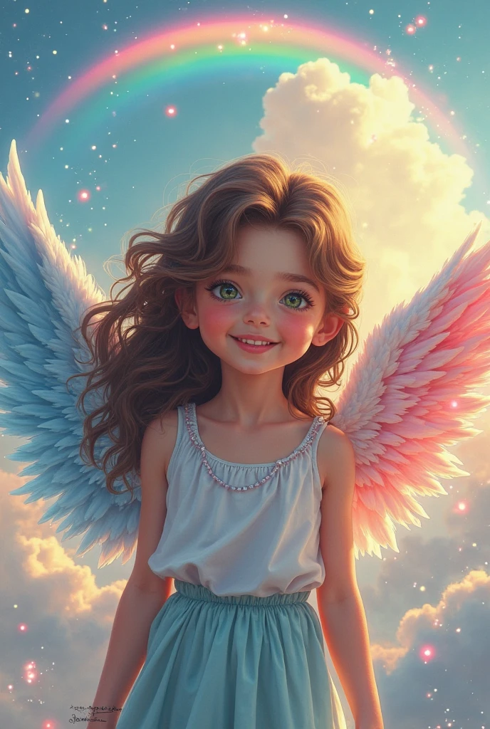 A little girl, 3 years old, with wings, flew into the sky, elves, cherubs, sunshine, wonderful, smiling, happy, innocent, blue sky and white clouds, enjoying a lovely spring outing surrounded by beautiful yellow flowers and nature