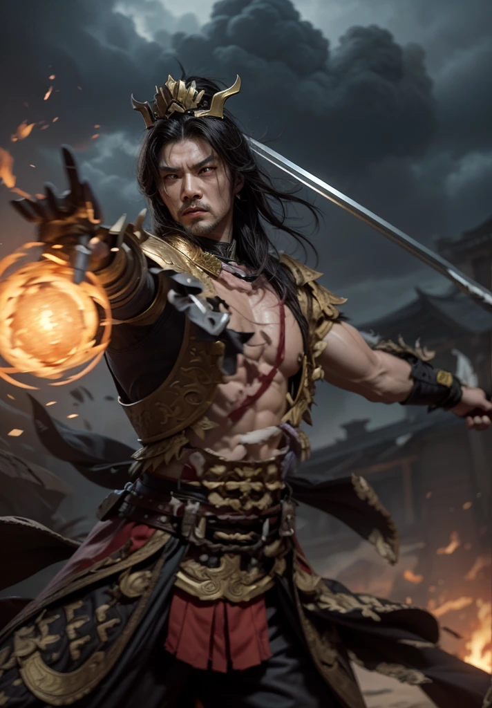 (废墟)eyes filled with angry,He clenched his fists,Rush up,Deliver a fatal blow to your opponent,full bodyesbian,Full Body Male Mage 32K(tmasterpiece,k hd,hyper HD,32K)Long flowing black hair,Campsite size,zydink, a color, patriot (废墟), (Linen batik scarf), Angry fighting stance, looking at the ground, Batik linen bandana, Chinese python pattern long-sleeved garment, (Abstract propylene splash:1.2), Dark clouds lightning background,Flour flies(realisticlying:1.4),Black color hair,Flour fluttering,Background fog, A high resolution, the detail, RAW photogr, Sharp Re, Nikon D850 Film Stock Photo by Jefferies Lee 4 Kodak Portra 400 Camera F1.6 shots, Rich colors, ultra-realistic vivid textures, Dramatic lighting, Unreal Engine Art Station Trend, cinestir 800,Flowing black hair,(((Male mage))),The male mage was furious,